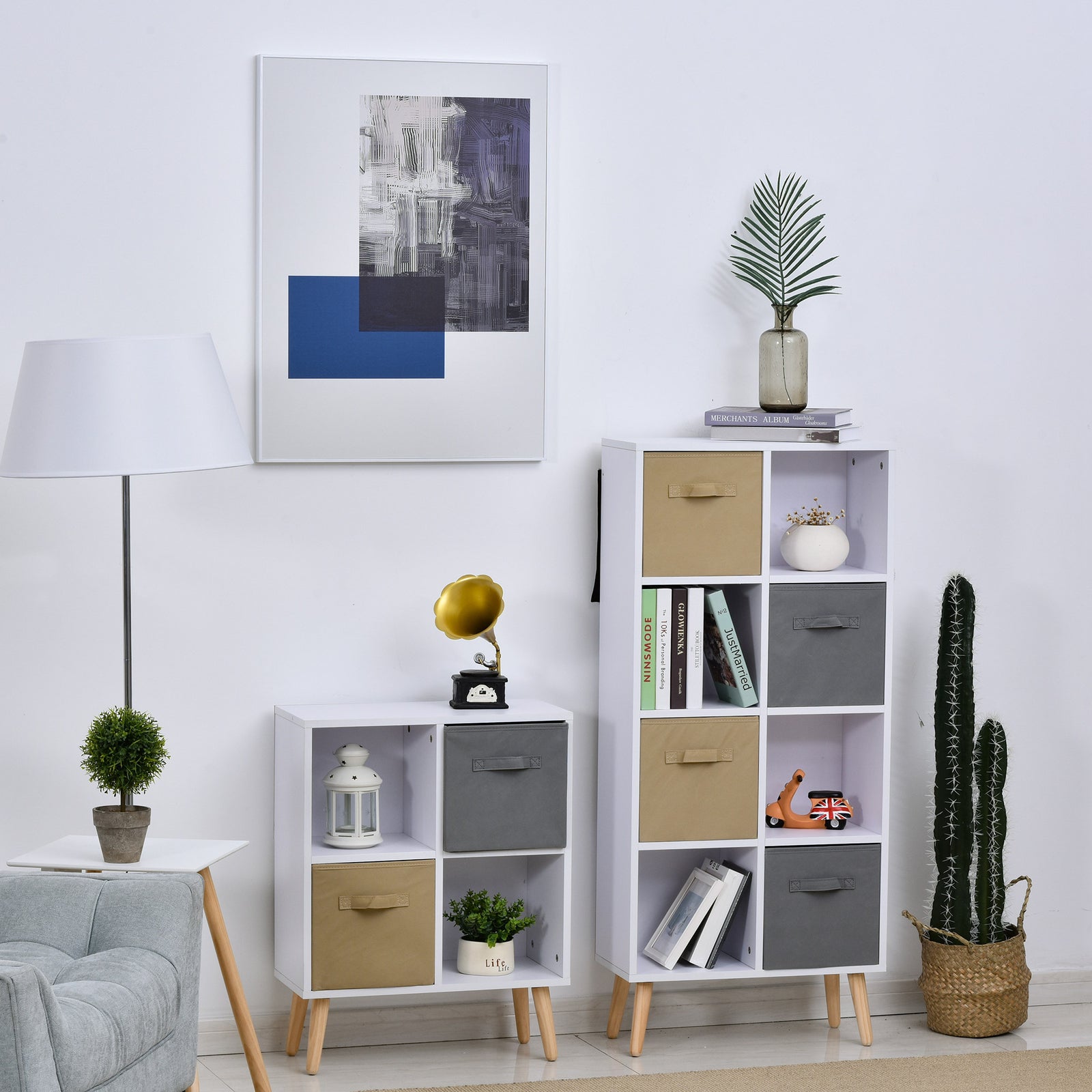 Freestanding 4-Cube Storage Cabinet with 2 Drawers and Display Shelves