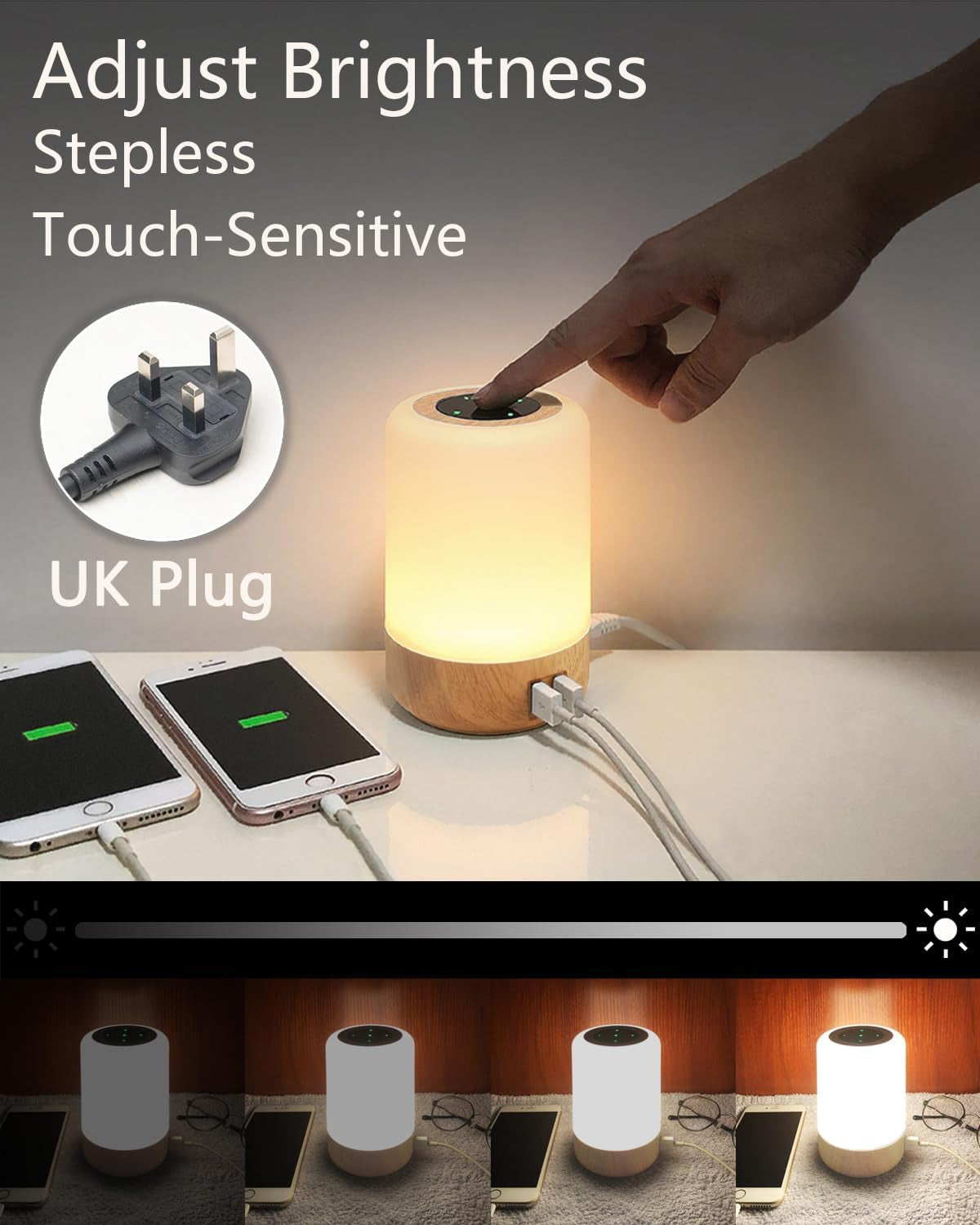 LED Bedside Lamp, with 4 USB Charging Port, Smart Night Light, Touch Control Dimmable Table Lamps, RGB Colour Changing Lights for Bedroom, Living Room, Office, Men, Women (UK Plug)
