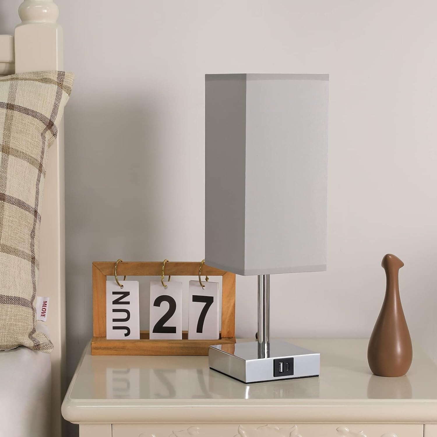 Bedside Lamps, Touch Control Table Lamp with USB A+C Charging Ports, Lamps 3 Way Dimmable, for Bedroom Living Room Grey Fabric Shade (LED Bulb Included)