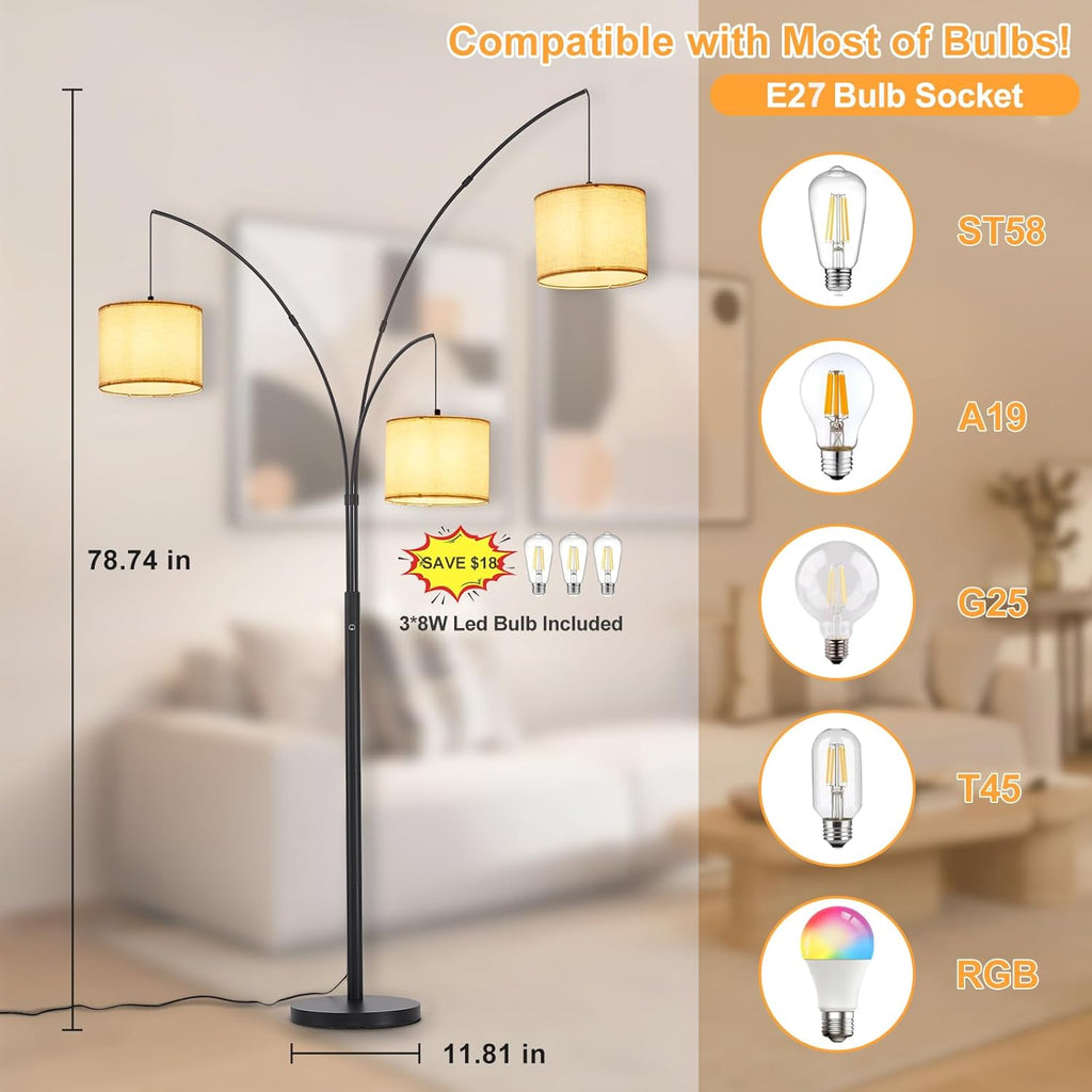 DLLT Modern 3-Light Dimmable Floor Lamp with Beige Shades - Black Arc Standing Lamp for Living Room, Bedroom, and Office Corner - Includes 3 LED Bulbs