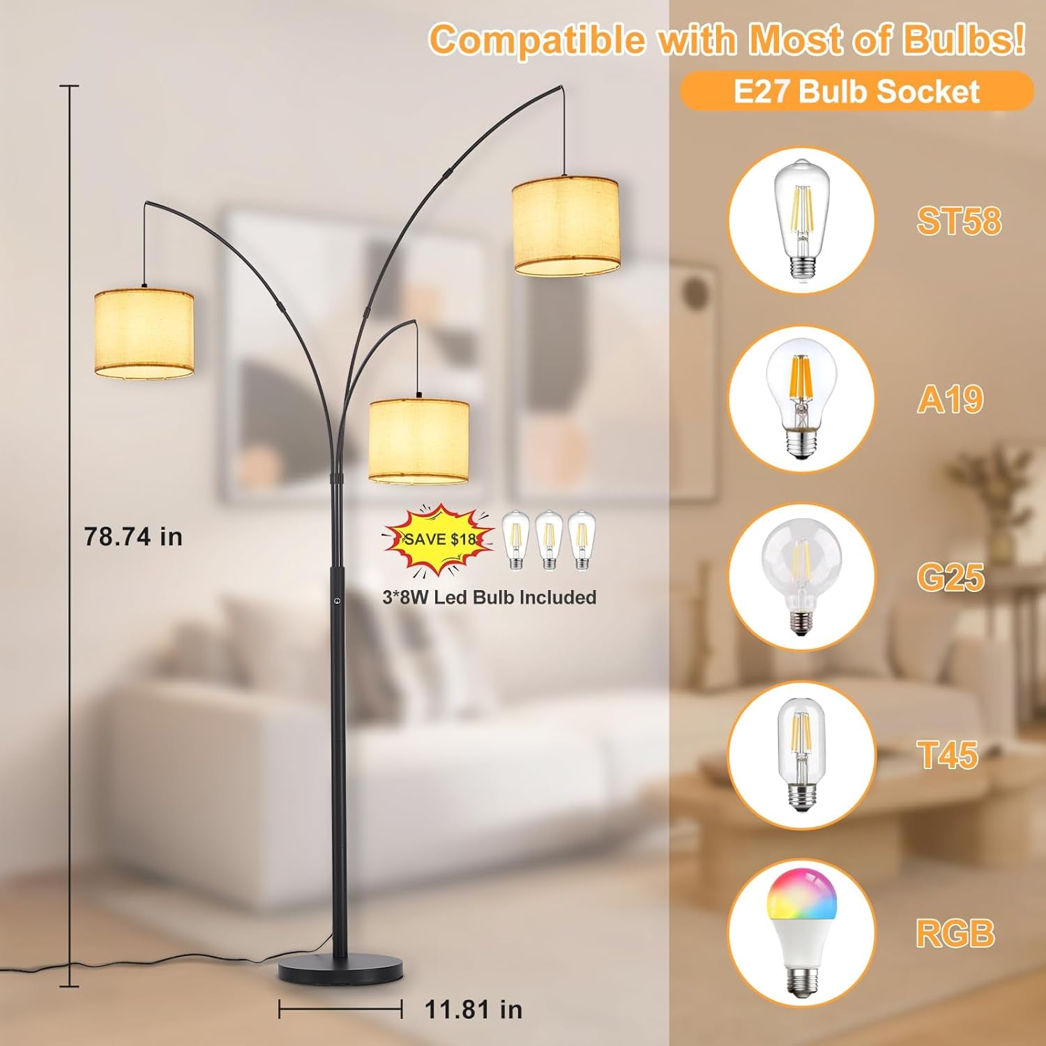 DLLT Modern 3-Light Dimmable Floor Lamp with Beige Shades - Black Arc Standing Lamp for Living Room, Bedroom, and Office Corner - Includes 3 LED Bulbs