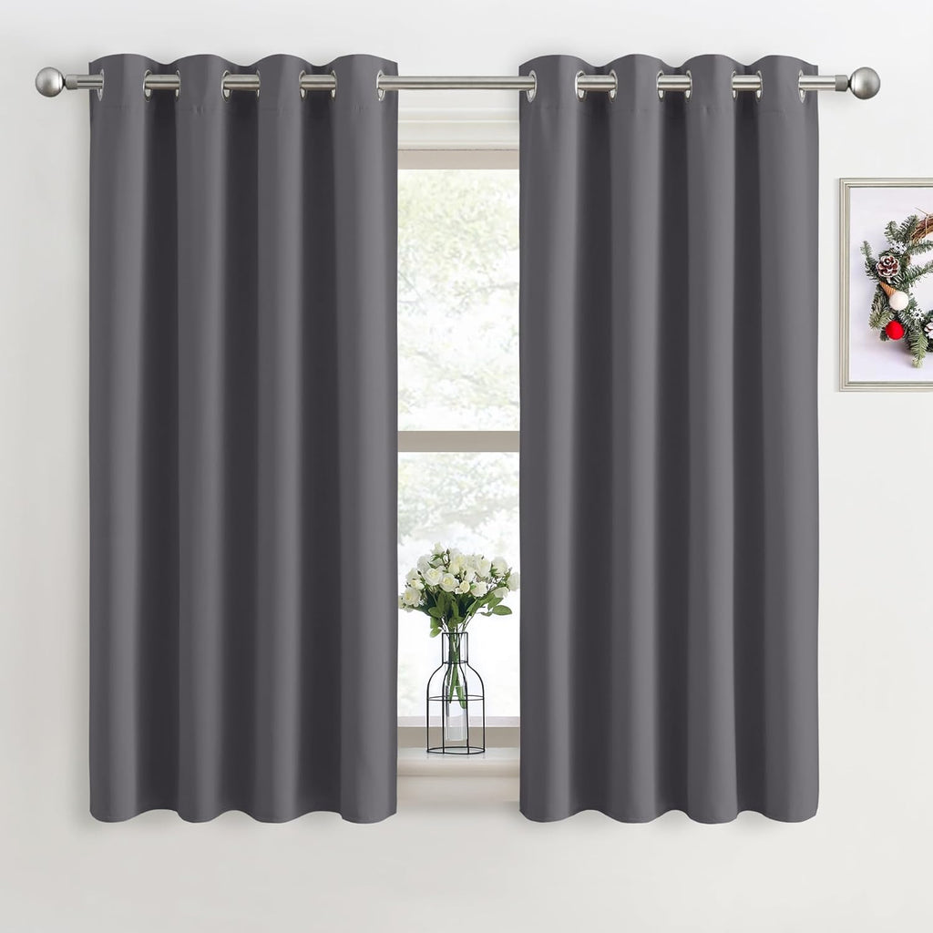 Grey Blackout Thermal Insulated Curtains for Bedroom, 46 X 54 Inch Short Eyelet Curtains & Drapes, Soft Black Out 2 Panels for Window Living Room/Kitchen
