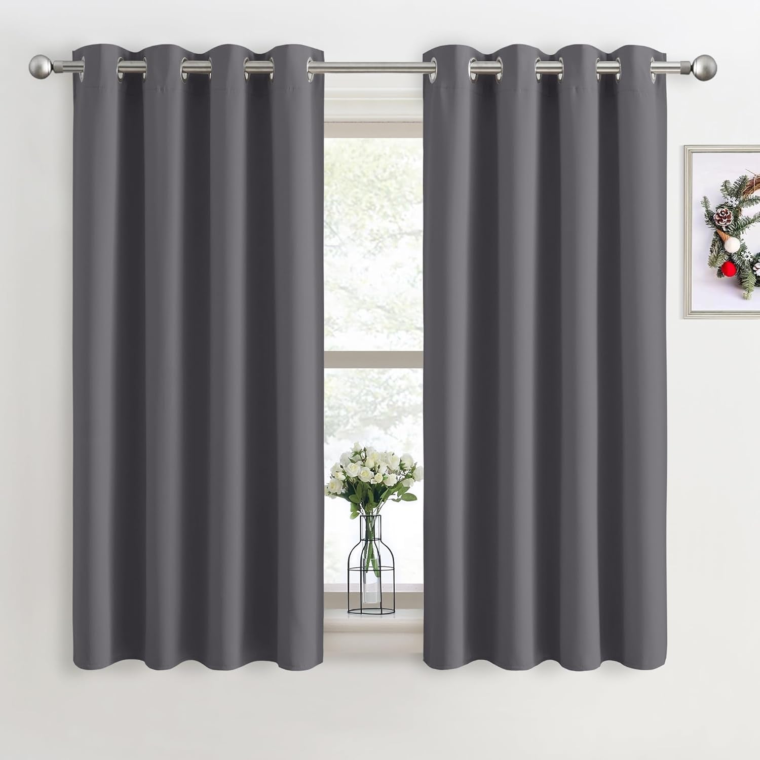 Grey Blackout Thermal Insulated Curtains for Bedroom, 46 X 54 Inch Short Eyelet Curtains & Drapes, Soft Black Out 2 Panels for Window Living Room/Kitchen