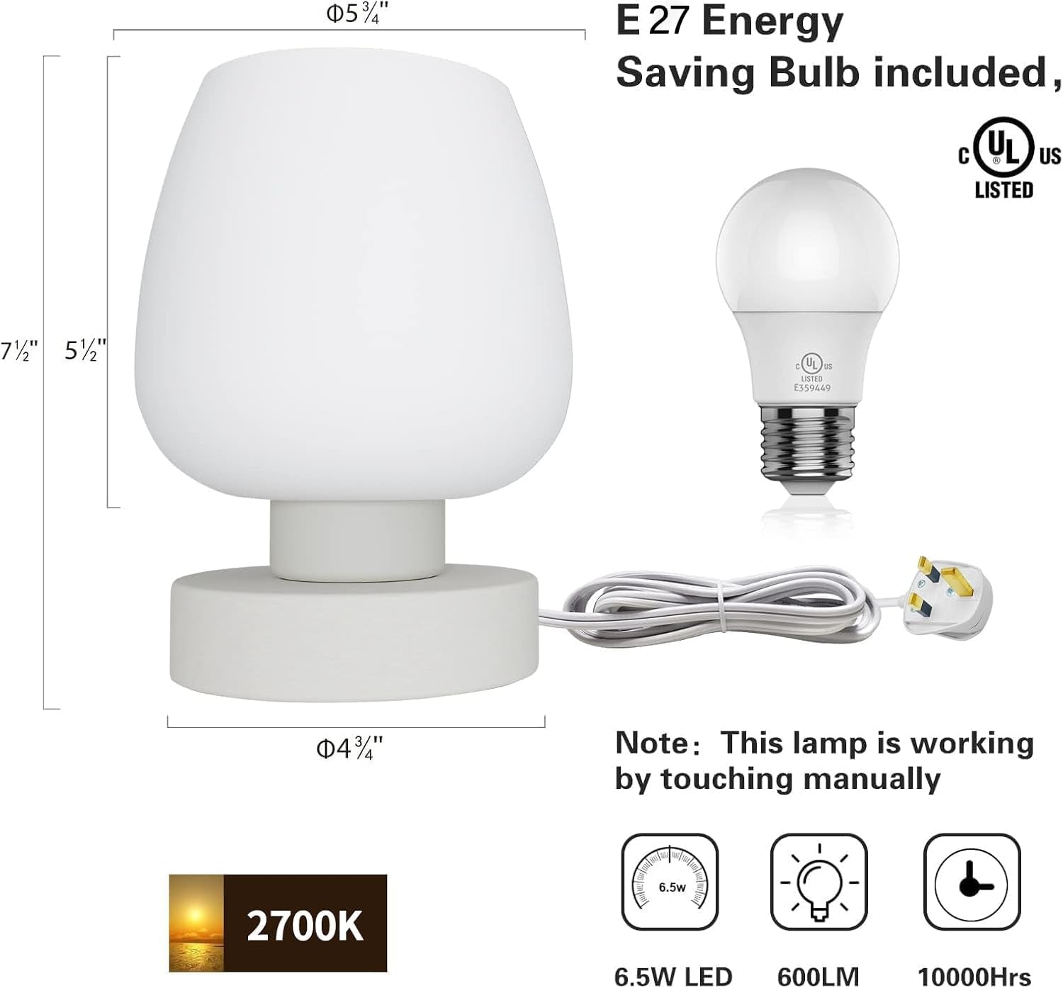 Modern Small Table Lamp - White Opal Glass Shade, Warm LED Bulb, 3-Way Dimmable, Touch Control, Indoor Use Only