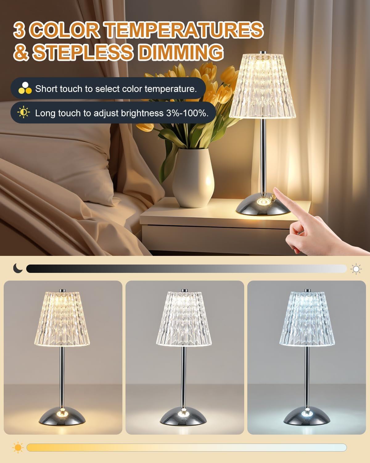 Rechargeable Table Lamp, LED Desk Lamp Battery Operated, 3 Colors and Dimmable, Bedside Reading Light Polished Chrome Finish, Cordless Touch Lamps for Bedroom Living Room Dining