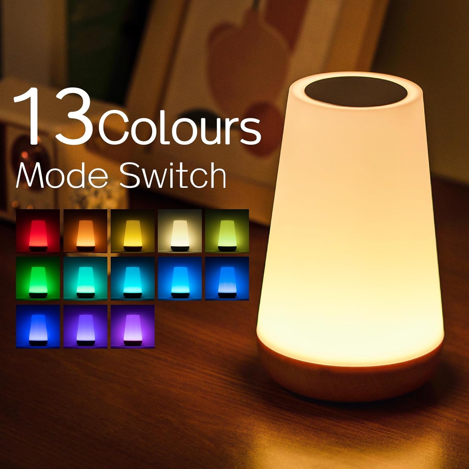 Night Light, LED Touch Bedside Table Lamp, 13 RGB Colours Changing, 5 Brightness Level Switch, Timing Function, Rechargable Remote Control Dimmable Light for Bedroom, Living Room