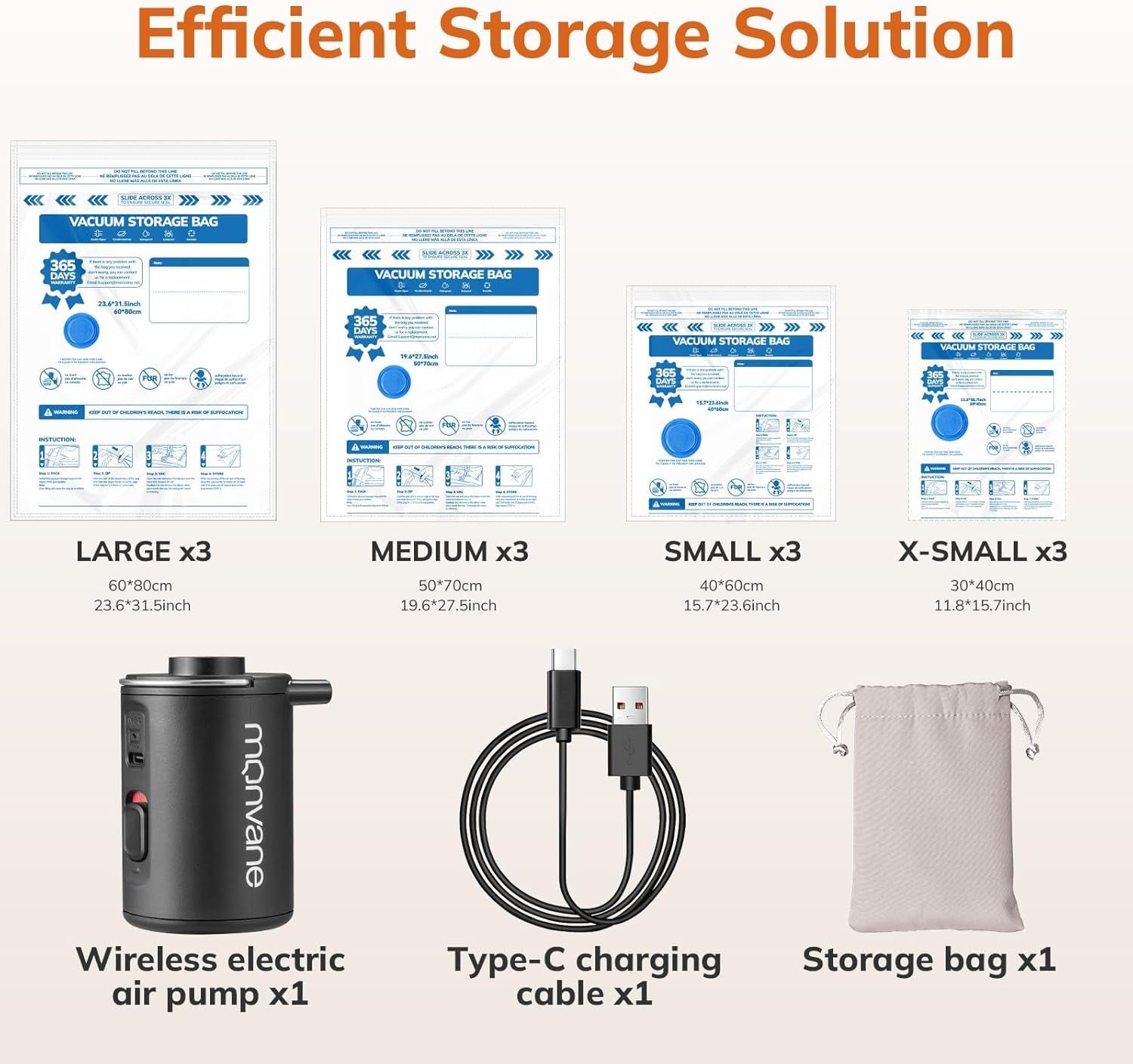 Vacuum Compression Storage Bags for Clothing - 12-Pack Reusable Space Saver Set with Wireless Electric Air Pump for Travel (Includes 3 Large, 3 Medium, 3 Small, and 3 X-Small Bags)