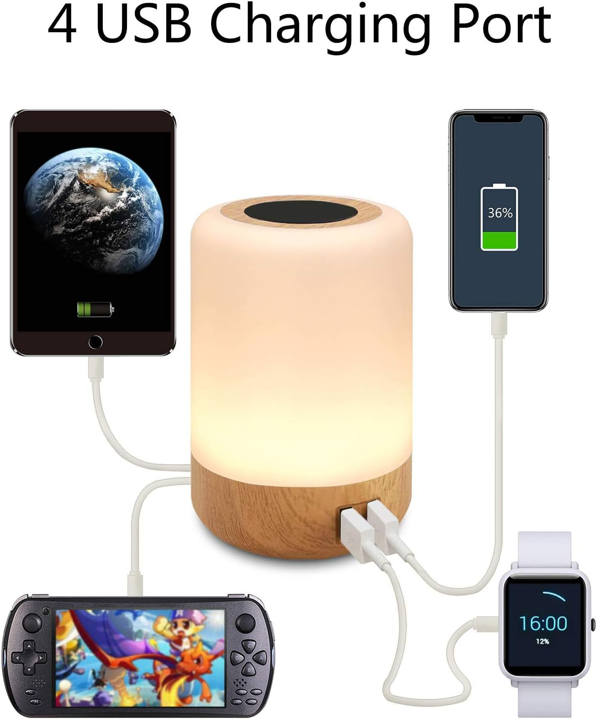 LED Bedside Lamp, with 4 USB Charging Port, Smart Night Light, Touch Control Dimmable Table Lamps, RGB Colour Changing Lights for Bedroom, Living Room, Office, Men, Women (UK Plug)