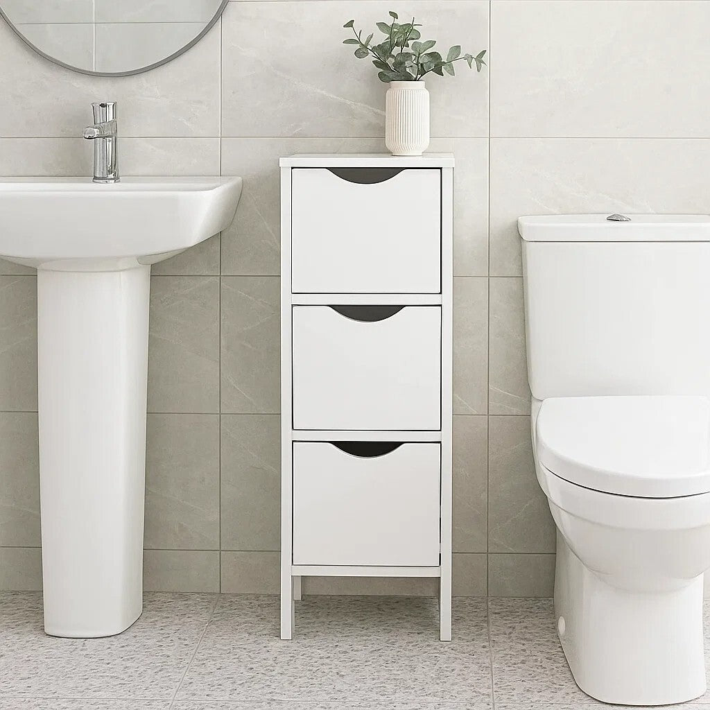 3-Drawer White Wooden Storage Cabinet for Bathroom and Filing Organization