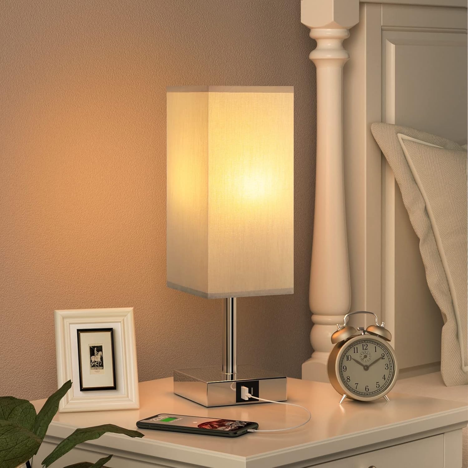 Bedside Lamps, Touch Control Table Lamp with USB A+C Charging Ports, Lamps 3 Way Dimmable, for Bedroom Living Room Grey Fabric Shade (LED Bulb Included)