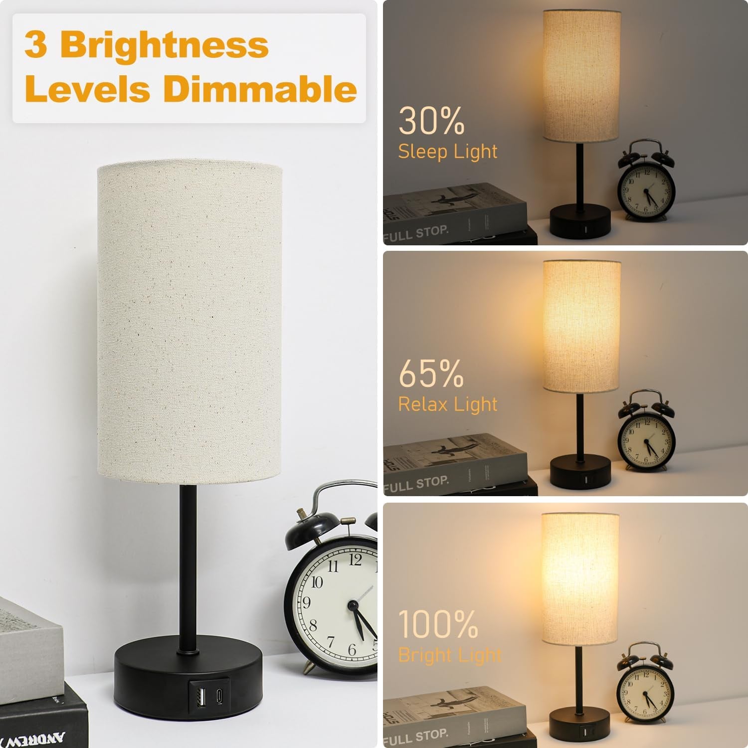 Bedside Lamps, Touch Lamp Bedside with USB A+C Charging Ports, 3-Way Dimmable LED, Table Lamp for Living Room Bedroom Gift with Beige Shade-Black Base (LED Bulb Included)