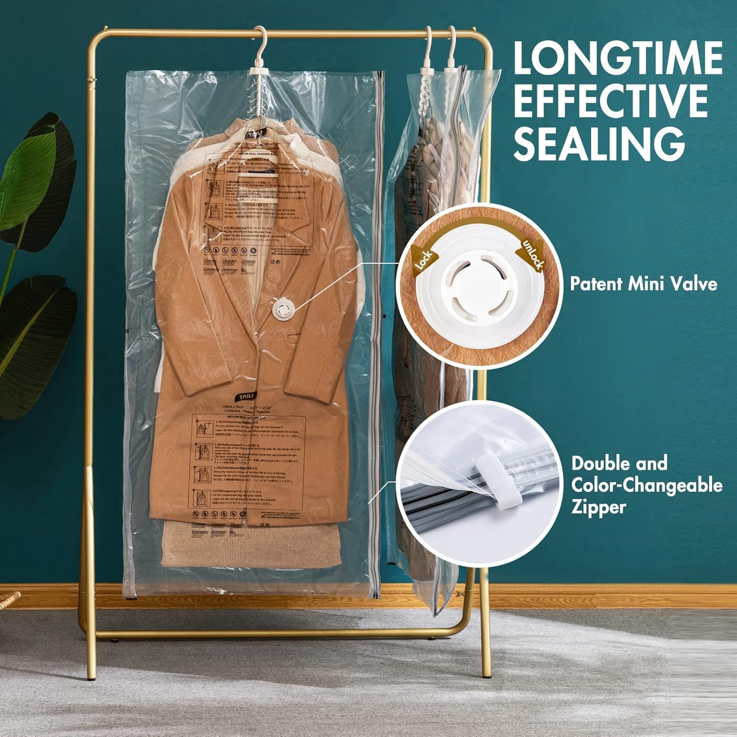 Vacuum-Sealed Hanging Storage Bags for Clothing, Set of 4, 135x70 CM, Ideal for Suits, Dress Coats, and Jackets, Closet Organizer Solution