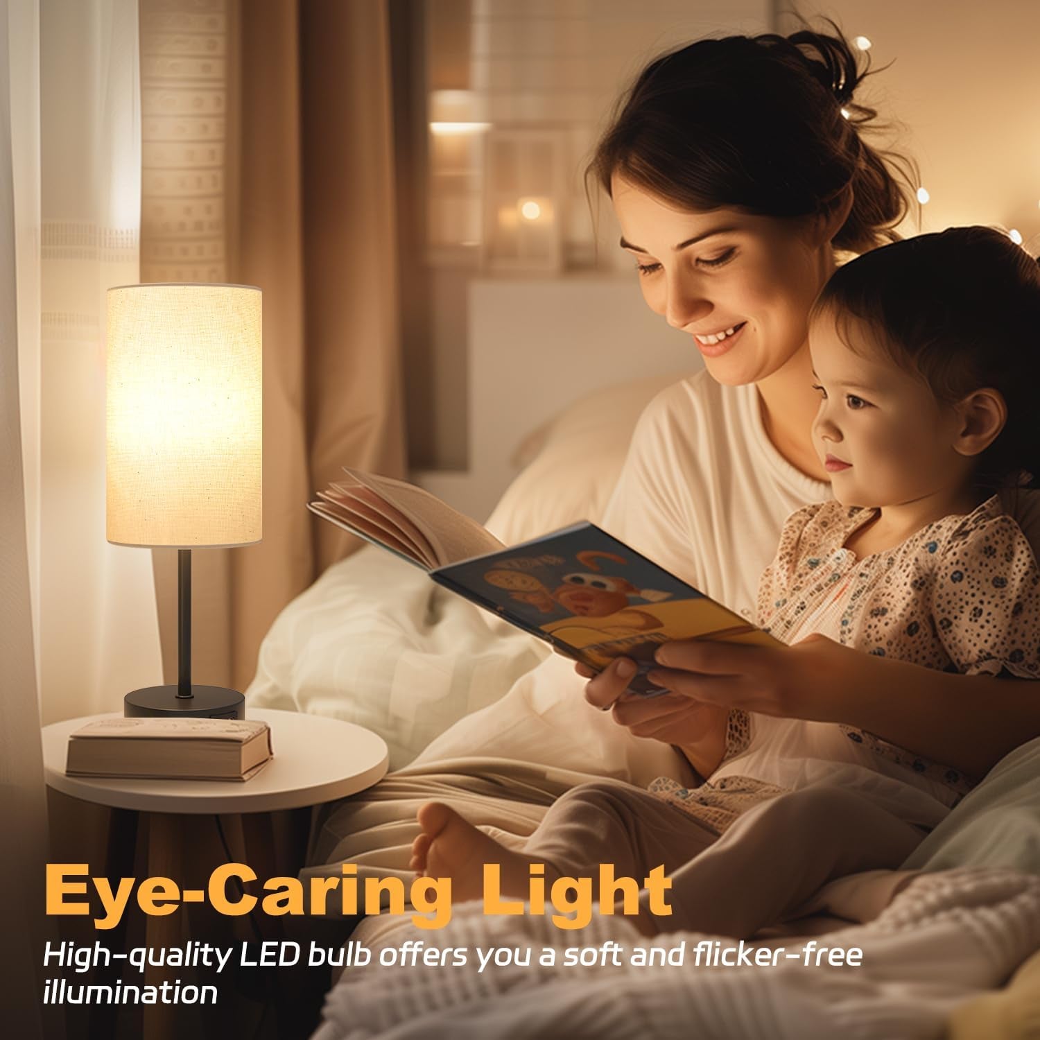 Bedside Lamps, Touch Lamp Bedside with USB A+C Charging Ports, 3-Way Dimmable LED, Table Lamp for Living Room Bedroom Gift with Beige Shade-Black Base (LED Bulb Included)