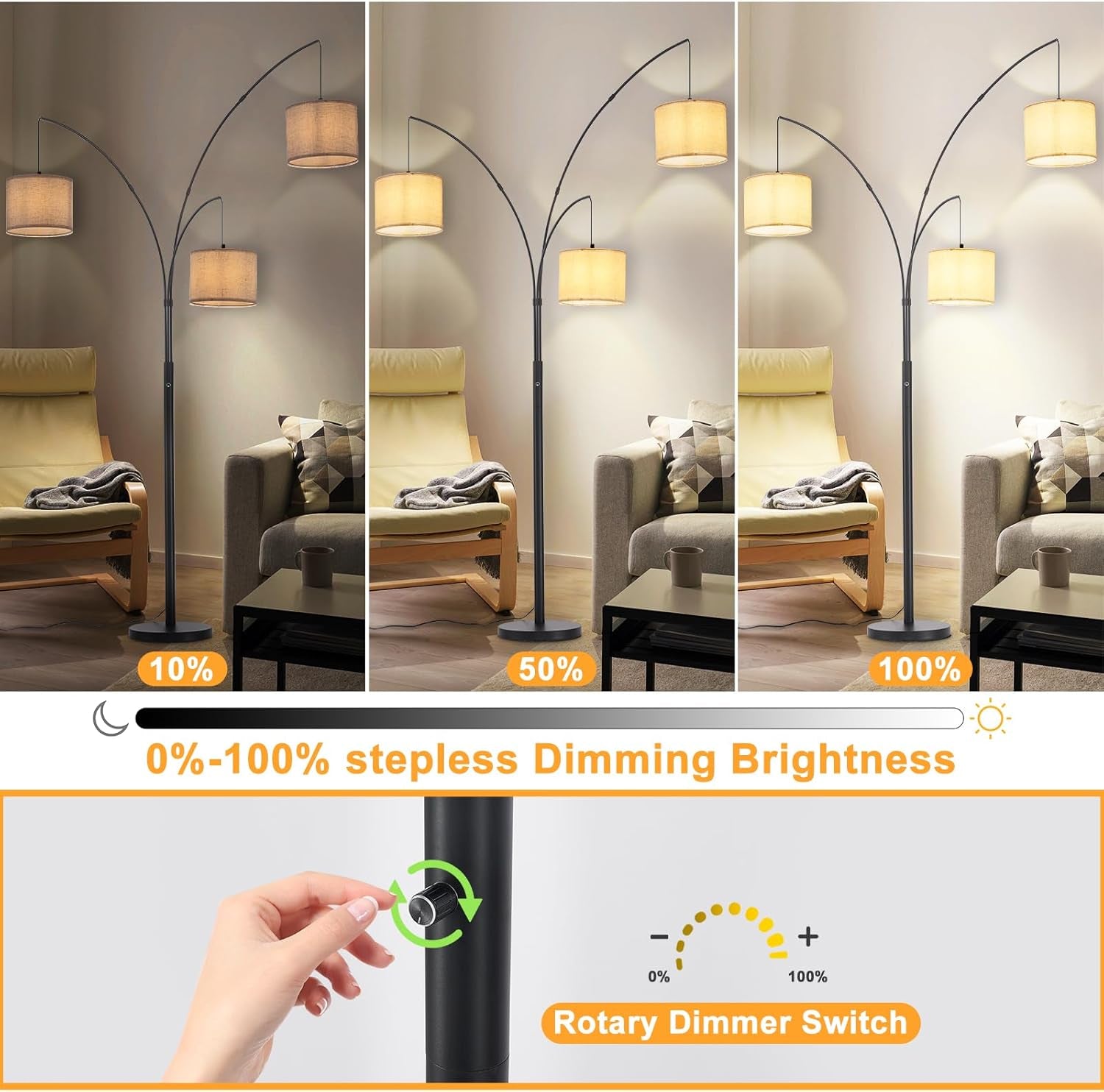 DLLT Modern 3-Light Dimmable Floor Lamp with Beige Shades - Black Arc Standing Lamp for Living Room, Bedroom, and Office Corner - Includes 3 LED Bulbs