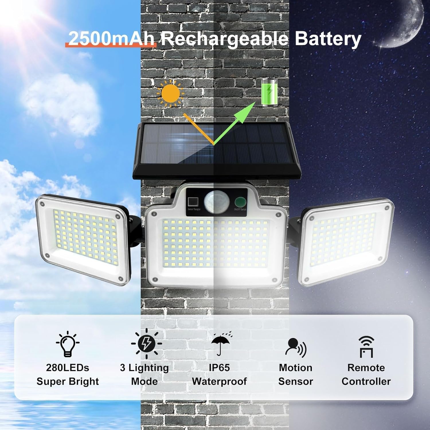280 LED Solar Flood Lights with 3 Adjustable Heads, Motion Sensor, Waterproof Wireless Solar-Powered Spotlight for Outdoor Use in Yard, Garage, Patio, Porch, and Garden - Single Pack