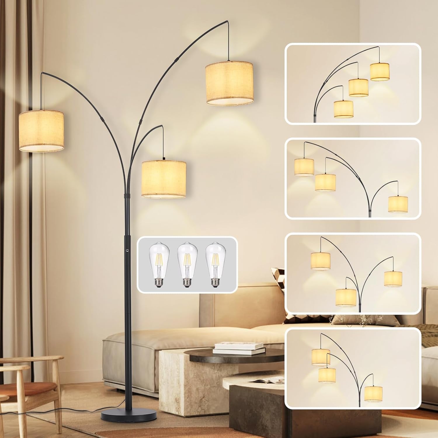 DLLT Modern 3-Light Dimmable Floor Lamp with Beige Shades - Black Arc Standing Lamp for Living Room, Bedroom, and Office Corner - Includes 3 LED Bulbs