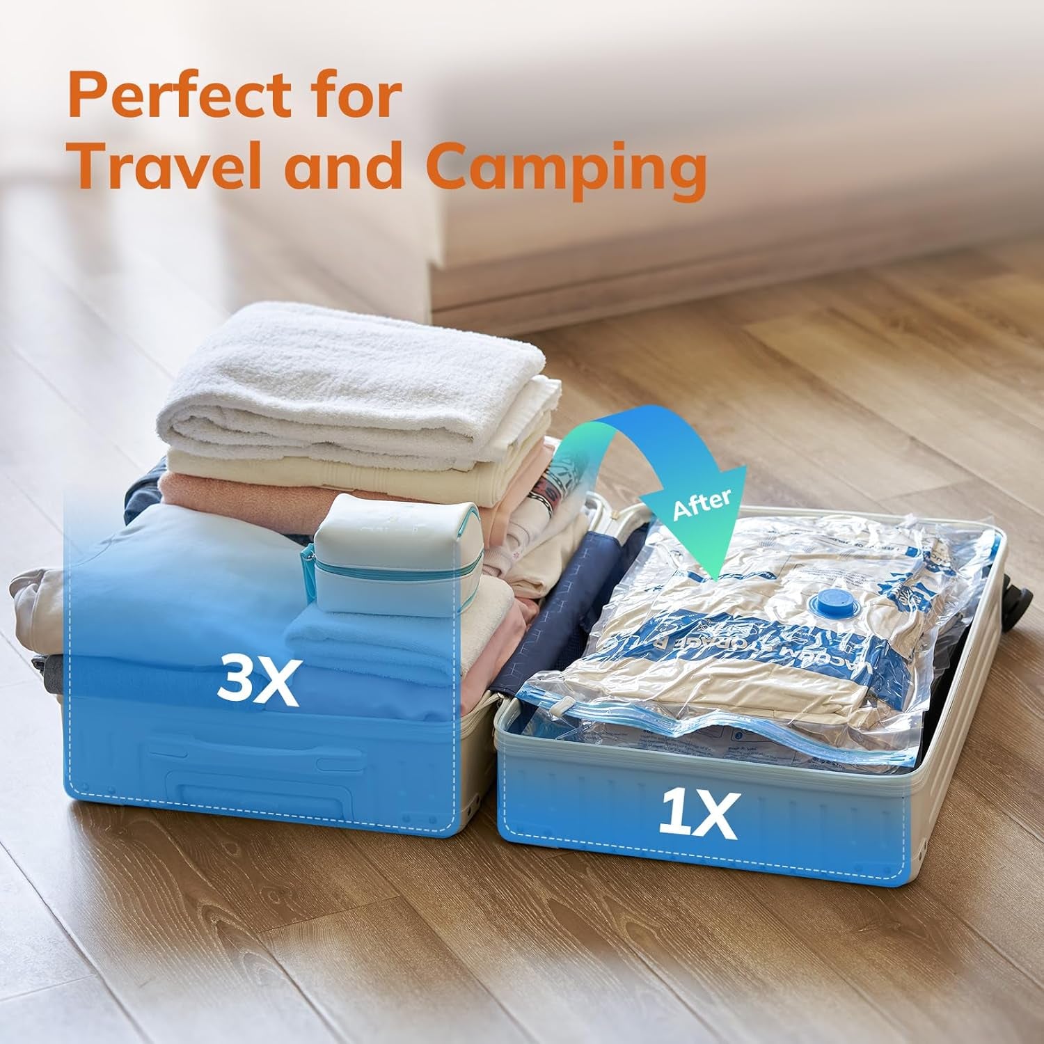 Vacuum Compression Storage Bags for Clothing - 12-Pack Reusable Space Saver Set with Wireless Electric Air Pump for Travel (Includes 3 Large, 3 Medium, 3 Small, and 3 X-Small Bags)
