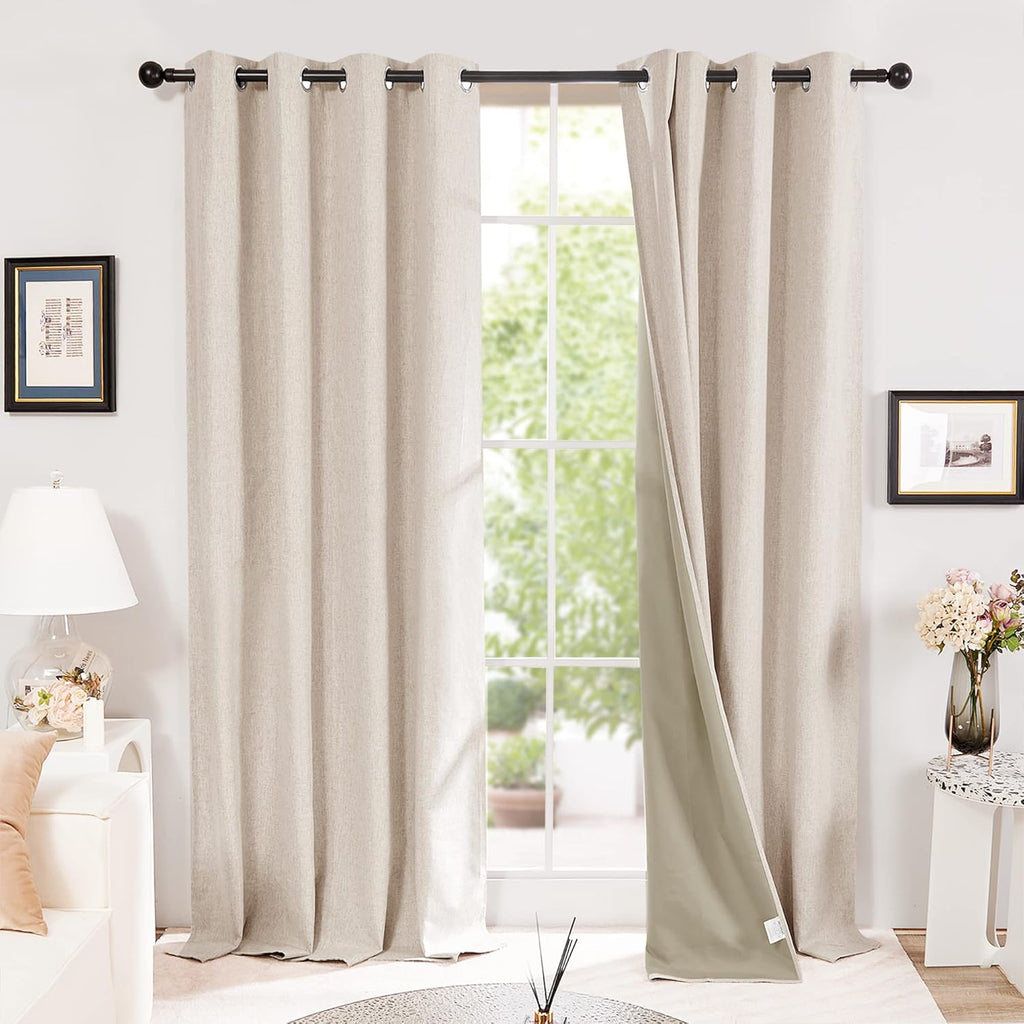 100% Blackout Curtains Faux Linen Thermal Insulated Eyelet Curtains for Bedroom W46 X L54 Inch Pale Khaki One Pair