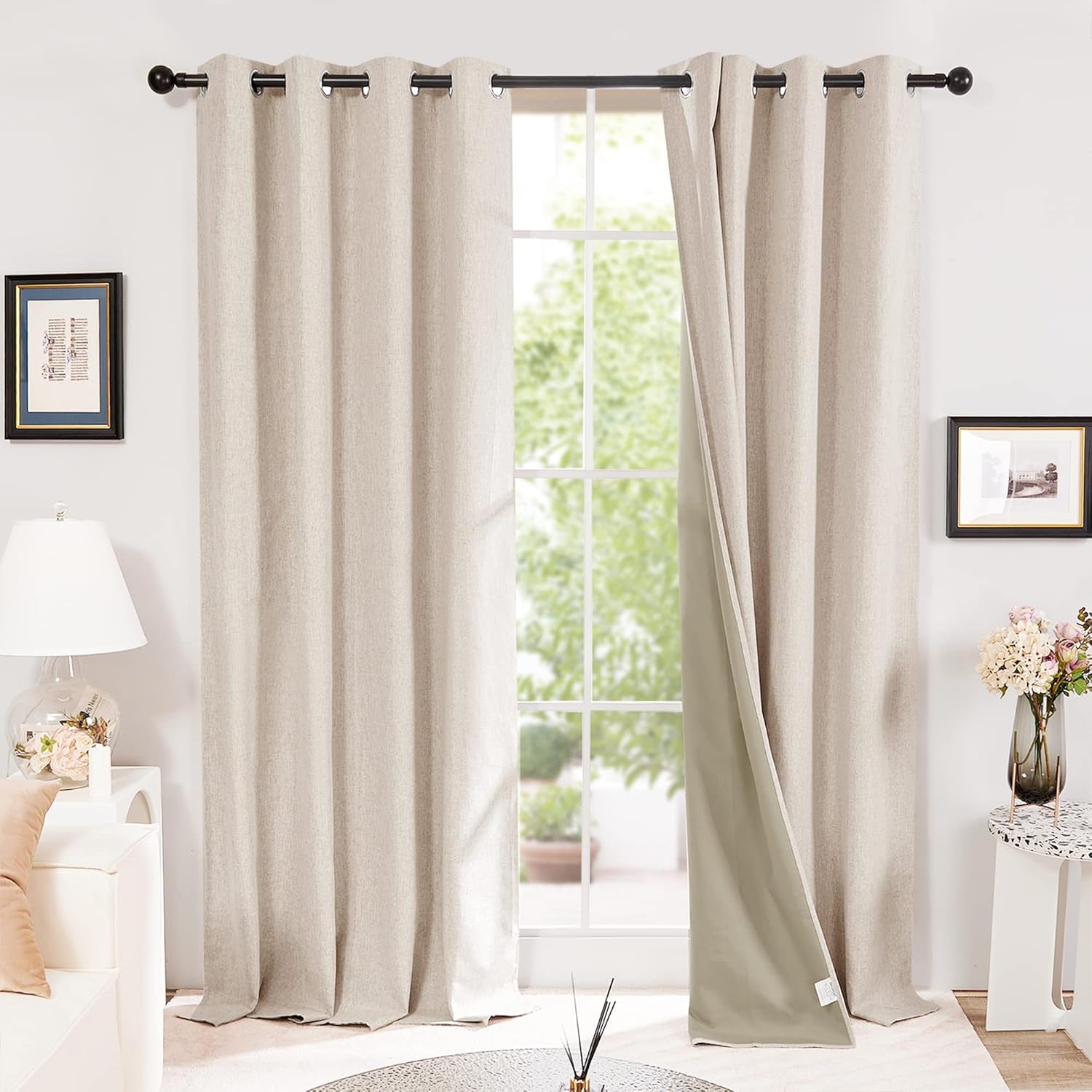 100% Blackout Curtains Faux Linen Thermal Insulated Eyelet Curtains for Bedroom W46 X L54 Inch Pale Khaki One Pair