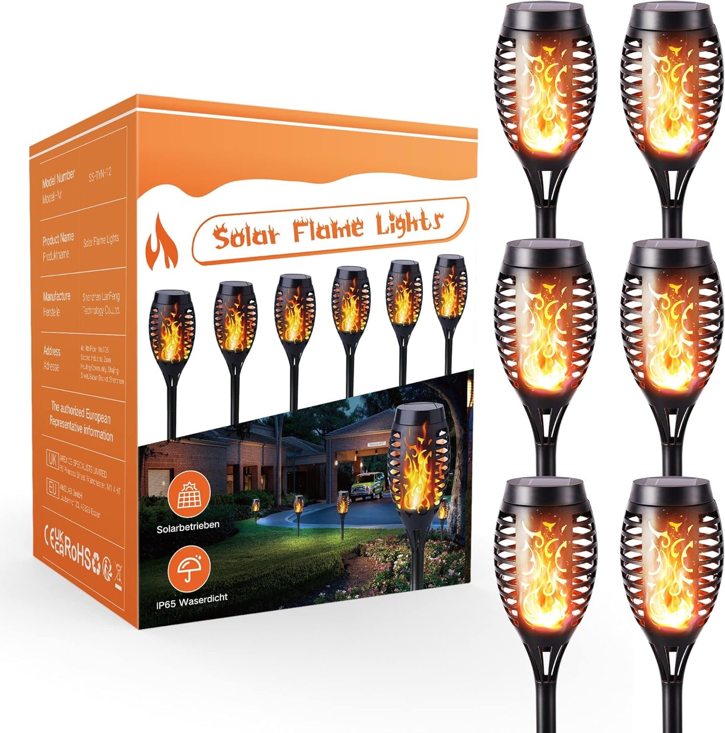 6 Pack Solar Flickering Dancing Flame Lights Waterproof Solar Torch Lights for Outdoor Garden Patio Pathway Yard Driveway Halloween Decorative