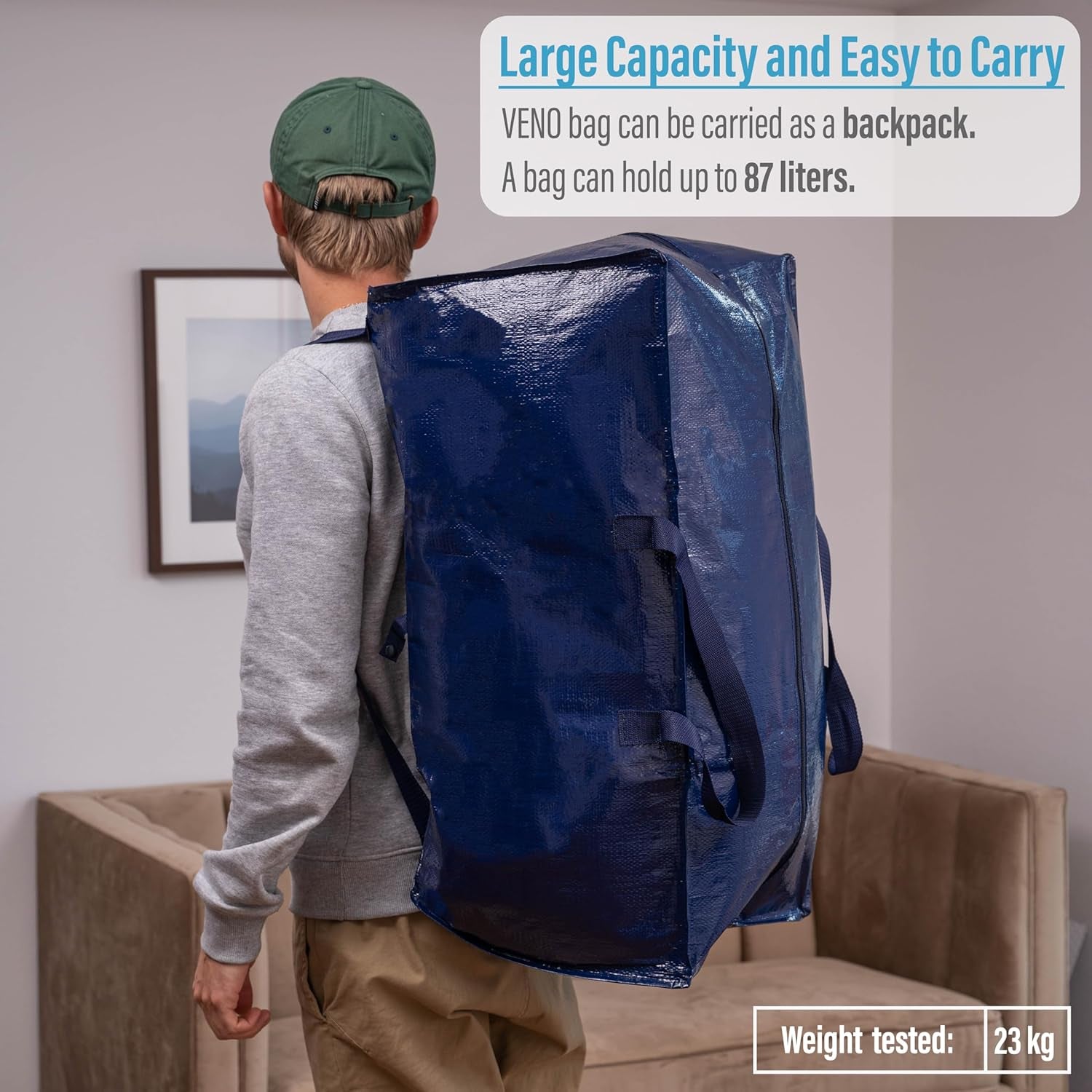 10-Pack Extra Large Heavy-Duty Moving Bags with Backpack Straps, Strong Handles and Zippers for Storage, Clothing Packing, and Laundry (Blue)