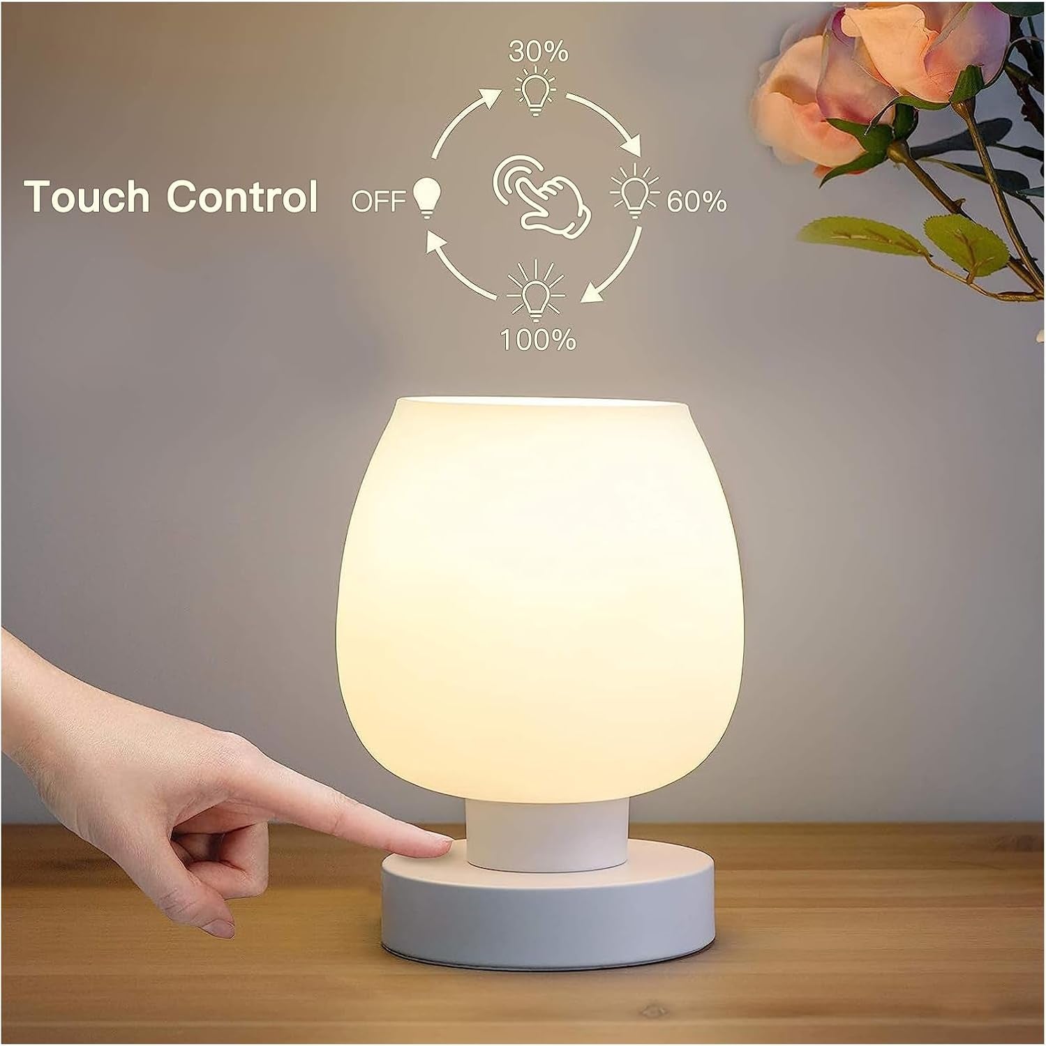 Modern Small Table Lamp - White Opal Glass Shade, Warm LED Bulb, 3-Way Dimmable, Touch Control, Indoor Use Only