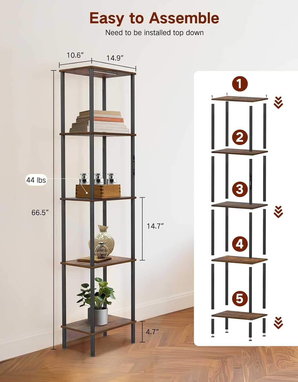 5-Tier LED Floor Lamp with Shelving, Touch and Remote Control, Adjustable Color Temperature, Dimmable Tall Corner Bookshelf for Living Room, Bedroom, and Office