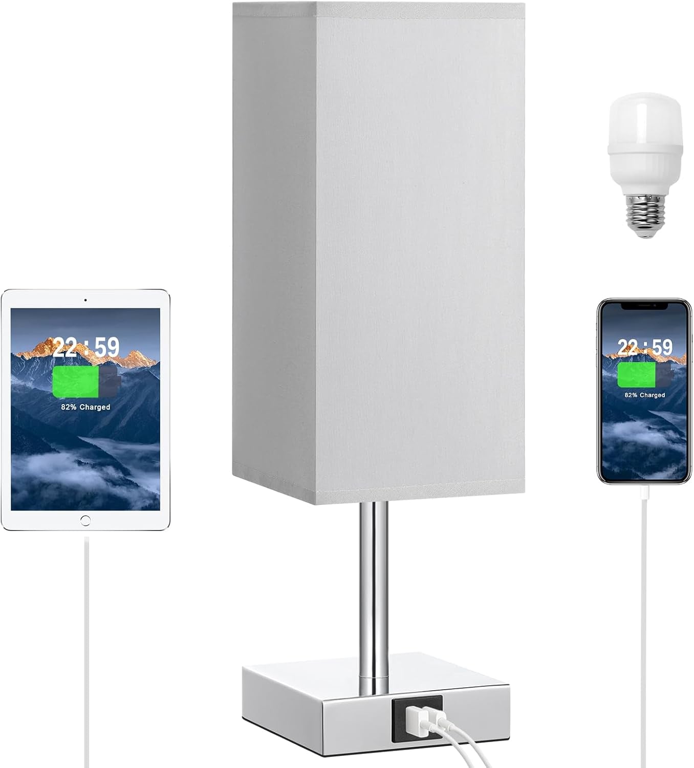 Bedside Lamps, Touch Control Table Lamp with USB A+C Charging Ports, Lamps 3 Way Dimmable, for Bedroom Living Room Grey Fabric Shade (LED Bulb Included)