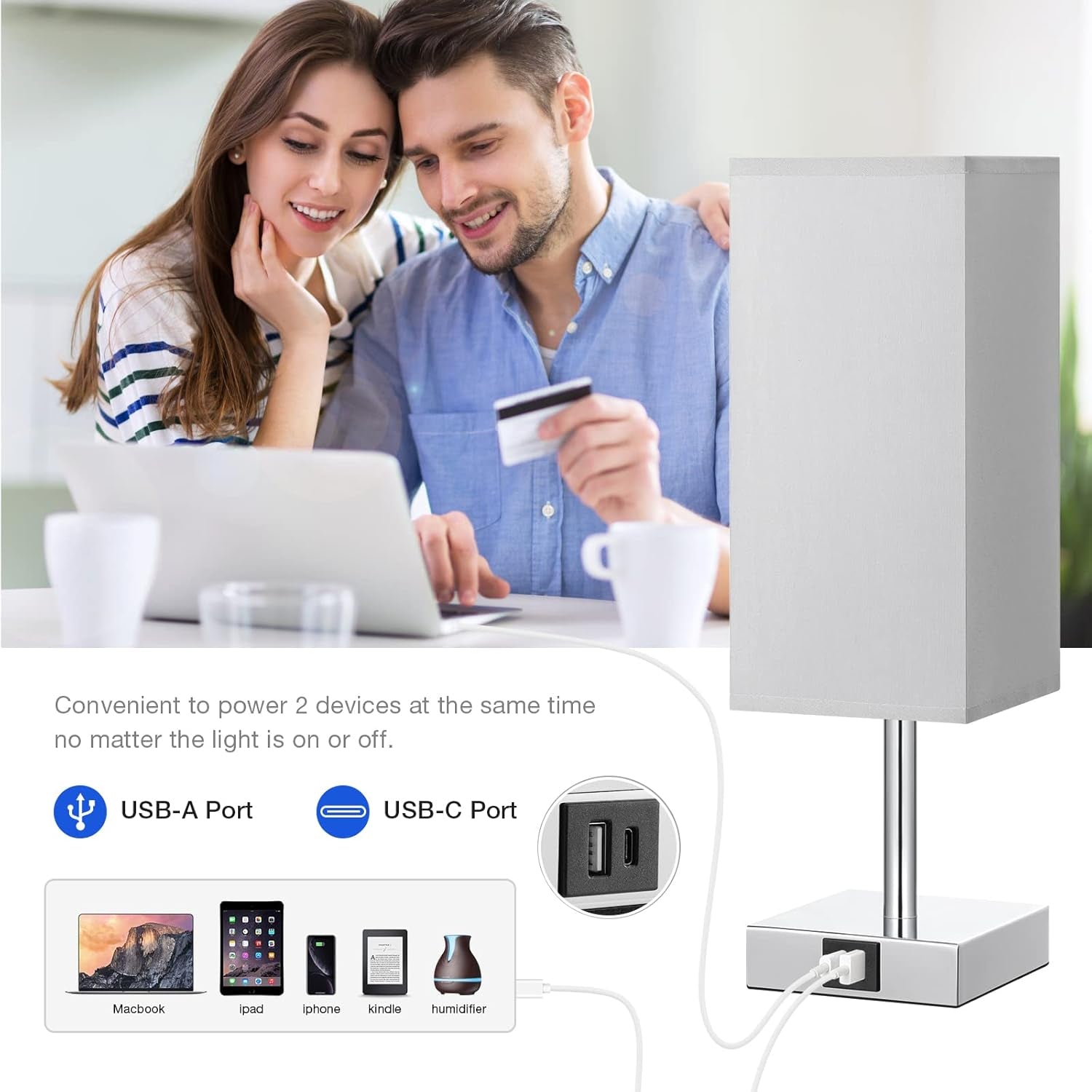 Bedside Lamps, Touch Control Table Lamp with USB A+C Charging Ports, Lamps 3 Way Dimmable, for Bedroom Living Room Grey Fabric Shade (LED Bulb Included)