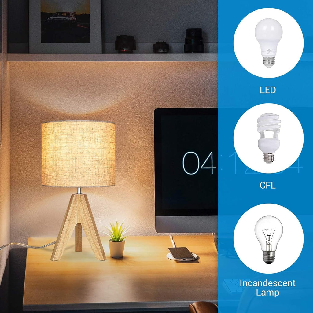 36Cm Wood Bedside Table Lamp, Tripod Desk Lamp with Beige Linen Lampshade, On-Off Switch, Desk Lamps for Reading, Bedroom, Living Room, Study, Office, E27 Base