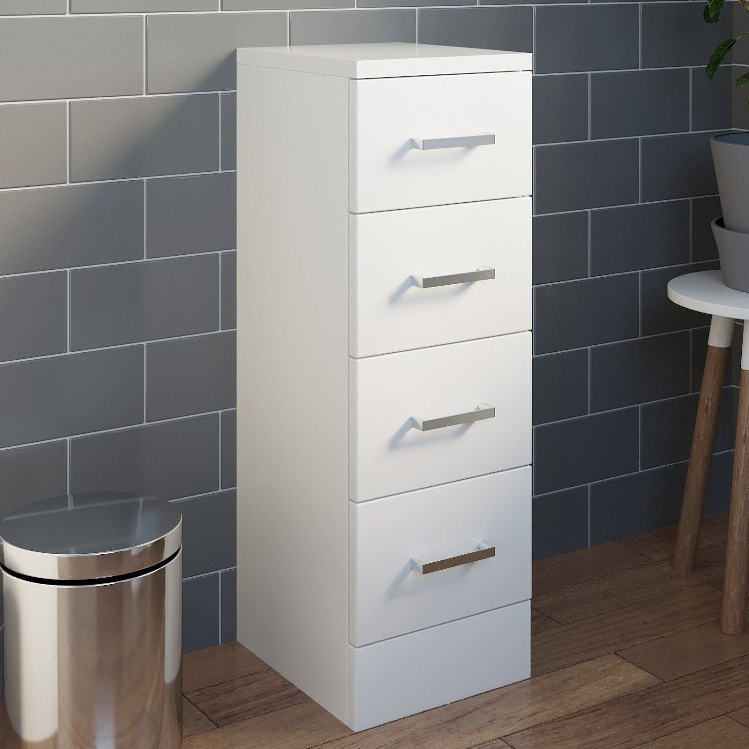 Freestanding 4-Drawer Storage Unit for Bathroom in Gloss White Finish, Dimensions 250x300mm