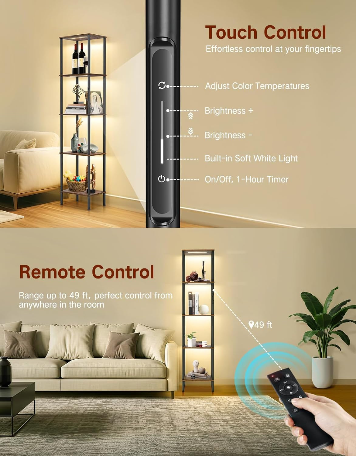 5-Tier LED Floor Lamp with Shelving, Touch and Remote Control, Adjustable Color Temperature, Dimmable Tall Corner Bookshelf for Living Room, Bedroom, and Office