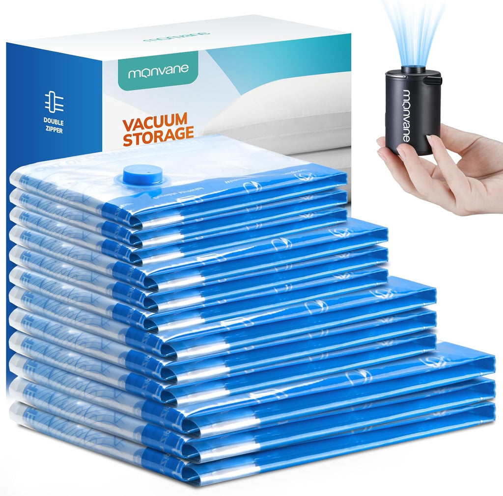 Vacuum Compression Storage Bags for Clothing - 12-Pack Reusable Space Saver Set with Wireless Electric Air Pump for Travel (Includes 3 Large, 3 Medium, 3 Small, and 3 X-Small Bags)