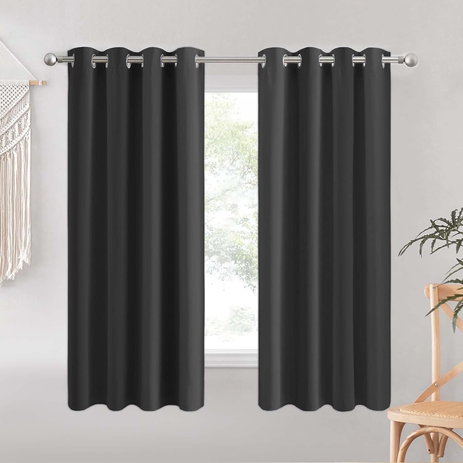 Blackout Curtains for Bedroom - Grey Living Room Eyelet Curtains 54 Inch Drop Ring Top Short Thermal Kitchen Curtain Pair Panels with Tiebacks 66" X 54"