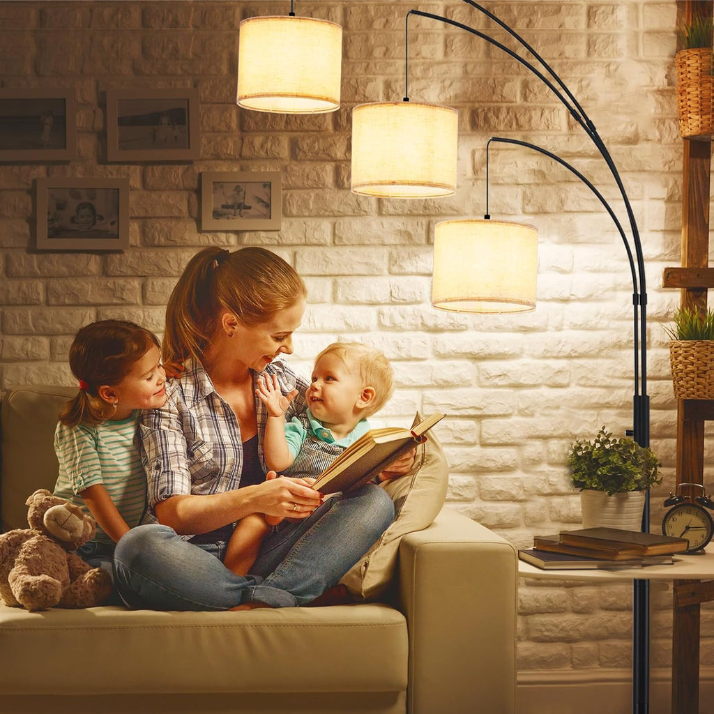 DLLT Modern 3-Light Dimmable Floor Lamp with Beige Shades - Black Arc Standing Lamp for Living Room, Bedroom, and Office Corner - Includes 3 LED Bulbs