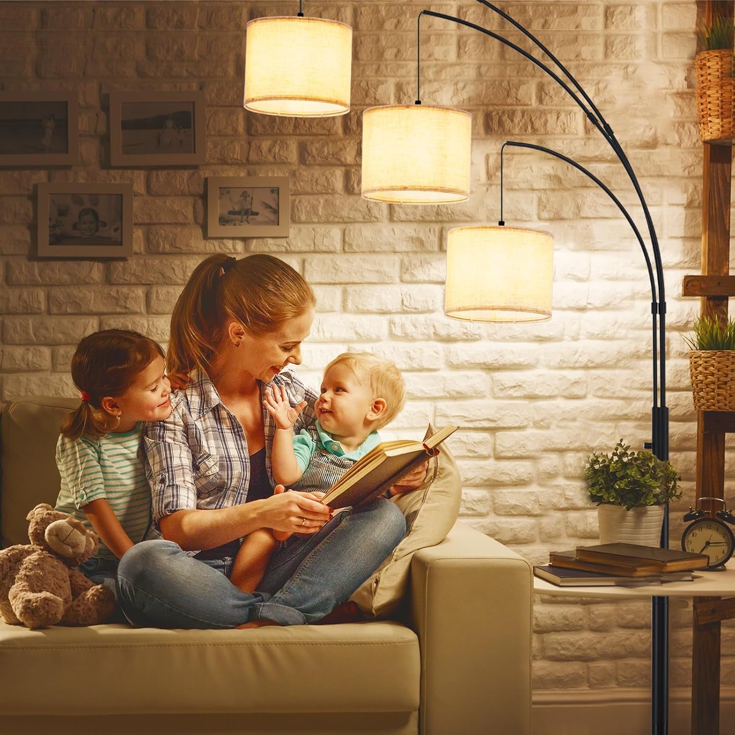 DLLT Modern 3-Light Dimmable Floor Lamp with Beige Shades - Black Arc Standing Lamp for Living Room, Bedroom, and Office Corner - Includes 3 LED Bulbs