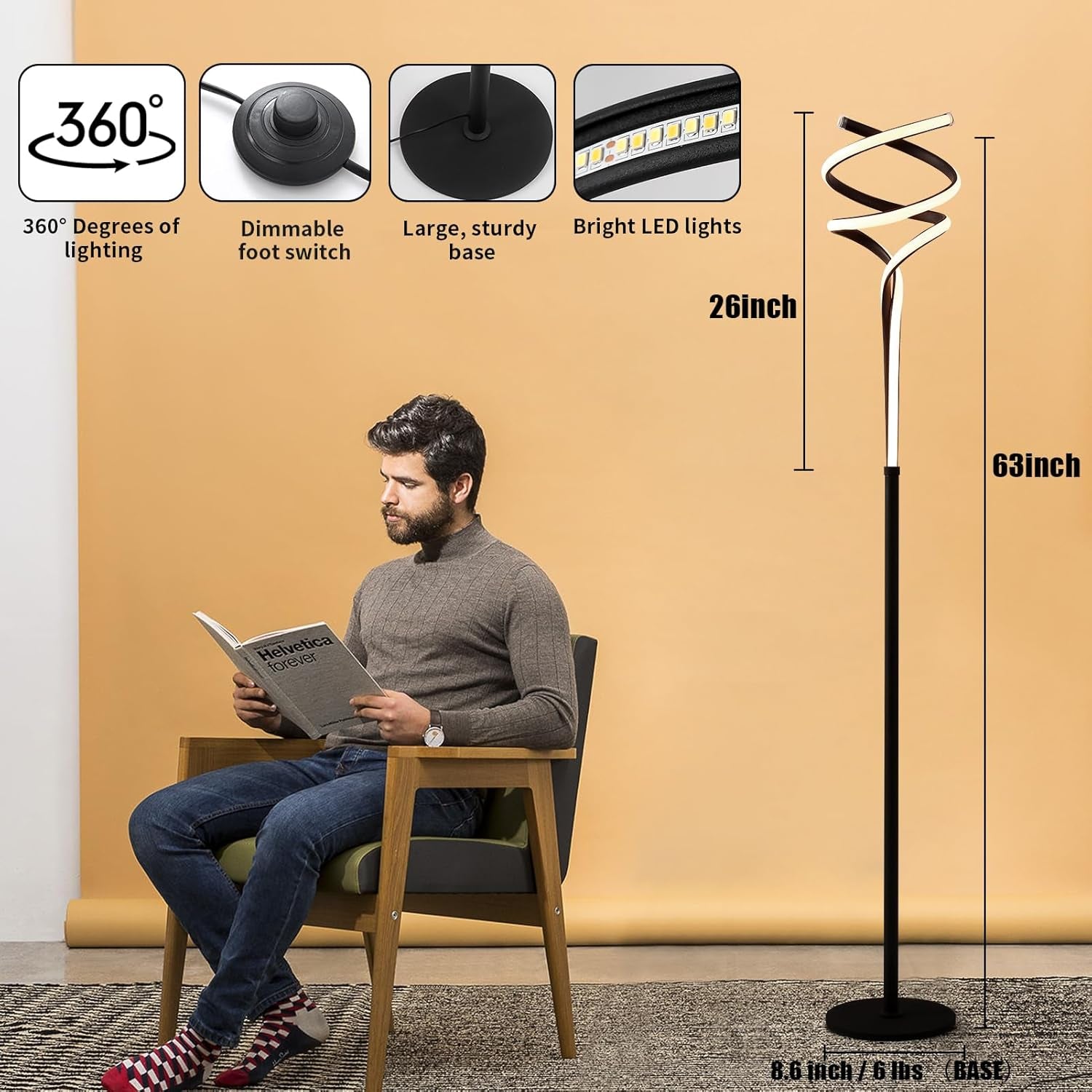 LED Floor Lamp with 3 Color Options and 5 Brightness Levels, 63'' Black Standing Lamp for Living Room, Bedroom, and Office with Remote Control and Foot Switch
