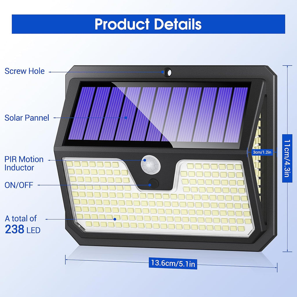 Outdoor Solar Lights, 238 LED Solar Security Lights and 3 Modes Motion Sensor 270° Wide Angle Solar Powered Lights IP65 Waterproof Solar Wall Light for Front Door, Yard, Garage, Garden (4 Pack)