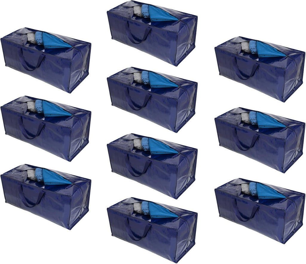 10-Pack Extra Large Heavy-Duty Moving Bags with Backpack Straps, Strong Handles and Zippers for Storage, Clothing Packing, and Laundry (Blue)