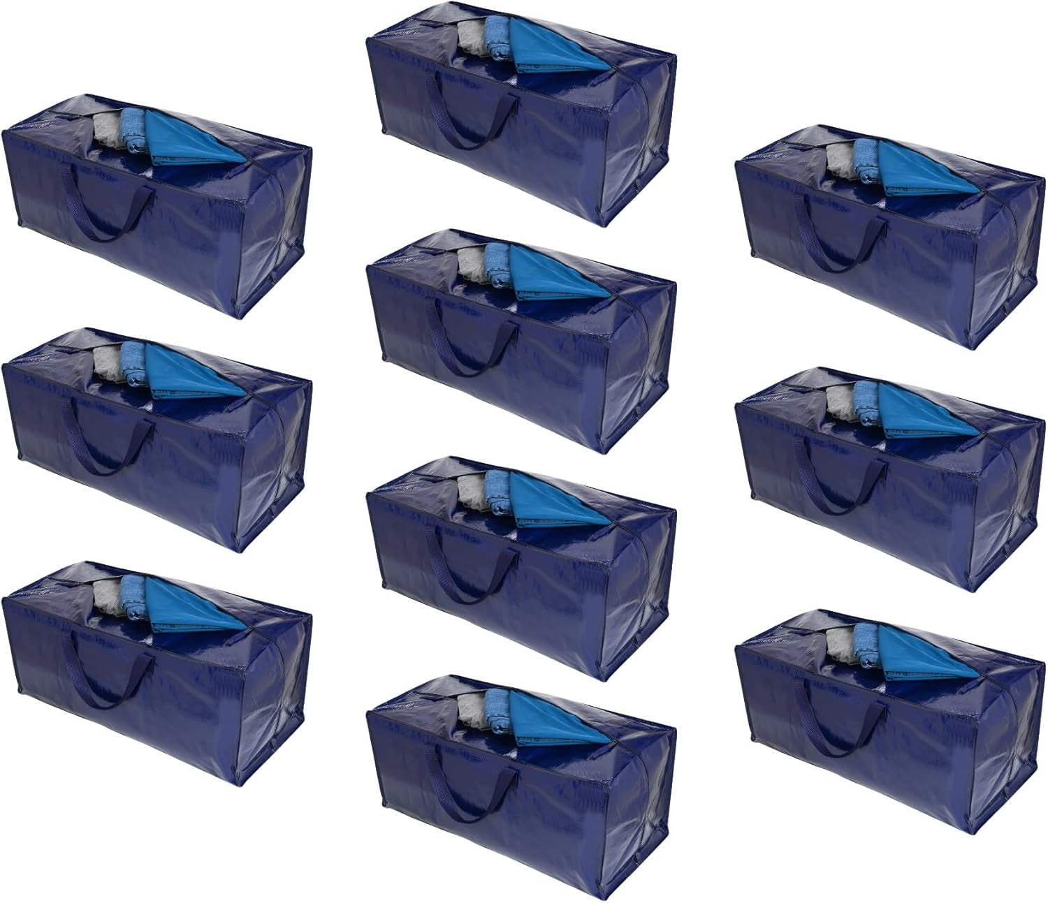 10-Pack Extra Large Heavy-Duty Moving Bags with Backpack Straps, Strong Handles and Zippers for Storage, Clothing Packing, and Laundry (Blue)