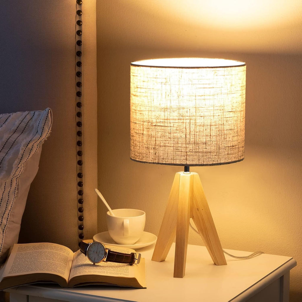 36Cm Wood Bedside Table Lamp, Tripod Desk Lamp with Beige Linen Lampshade, On-Off Switch, Desk Lamps for Reading, Bedroom, Living Room, Study, Office, E27 Base